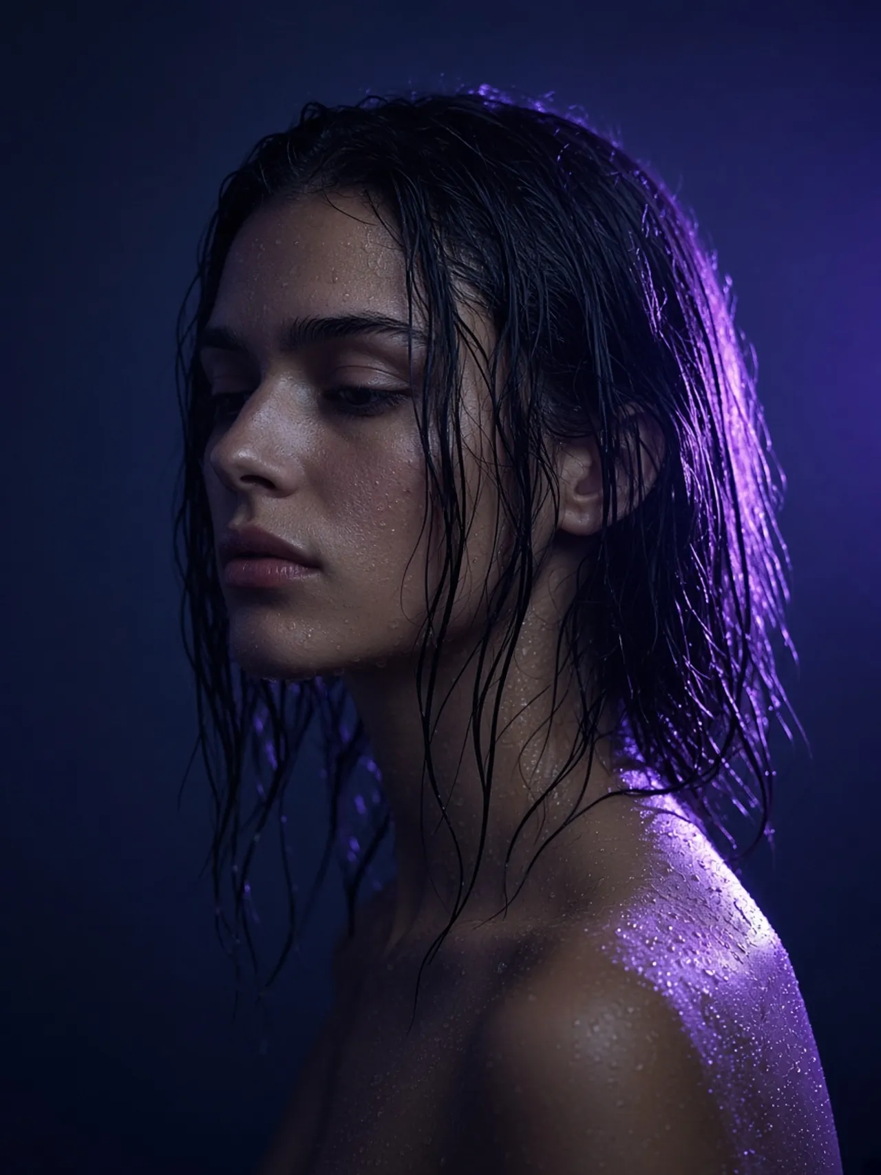 Portrait, rim light, wet hair